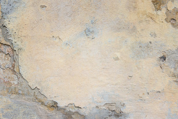 Old Plaster Wall With Peel Grey Stucco Texture Background. Decayed Cracked Rough Abstract Banner Surface.