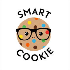 Vector illustration of a cute textured cookie biscuit with geeky glasses and a happy face. Smart Cookie. Cute food phrase.