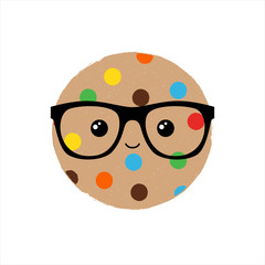 Vector illustration of a cute textured cookie biscuit with geeky glasses and a happy face. Smart Cookie. Cute food phrase.