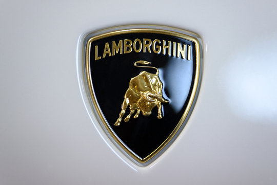 Krakow, Poland, May 21, 2017: Lamborghini sign close-up during MotoShow in Krakow. Automobili Lamborghini is a famous Italian car manufacturer.