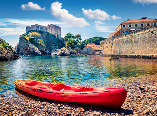 Sunny morning view of famous Fort Bokar in city of Dubrovnik. Colorful summer scene of Croatia,...