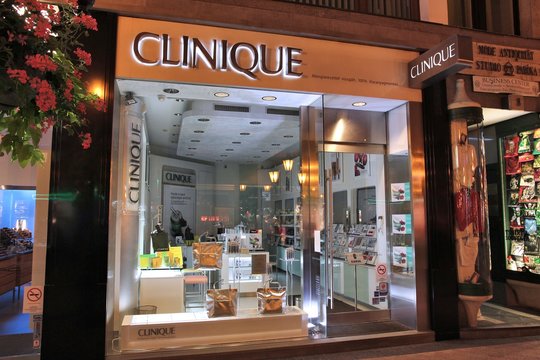 BUDAPEST, HUNGARY - JUNE 21, 2014: Clinique skincare, cosmetics and fragrance store in Budapest. Clinique was founded in 1968 and is part of Estee Lauder Companies.