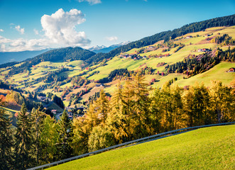 Beautiful autumn view of Santa Magdalena village. Colorful morning landscape of Dolomite Alps, Italy, Europe. Beauty of countryside concept background.