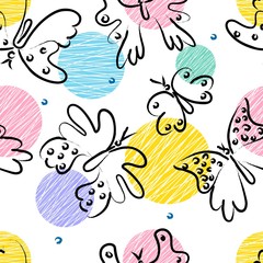 Vector pattern. Hand drawn seamless floral background with butterflies