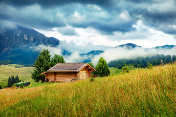 Splendid morning scene of Compaccio village, Seiser Alm or Alpe di Siusi location, Bolzano province, South Tyrol, Italy, Europe. Captivating summer view of Dolomiti Alps. 