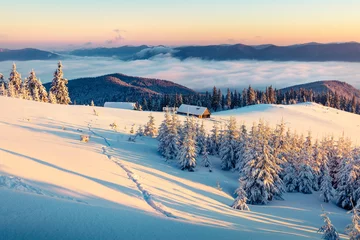 Foto auf Alu-Dibond Abandoned mountain village in high mountains. Bright winter scene of Carpathians. Misty sunrise in mountain valley with snow covered fir trees. Beauty of nature concept background. © Andrew Mayovskyy