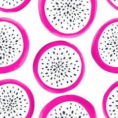 Vector dragon fruit seamless pattern. Pitaya or Pitahaya background. Exotic hand drawn illustration.