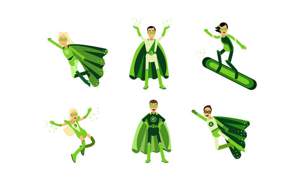 Vector Illustrations Of Men And Women In Green Superheroe Costumes With Ecological Signe