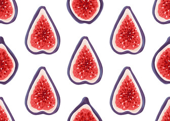 Vector seamless pattern with fresh figs. Exotic fruits hand drawn background. Illustration of sliced ripe fig.