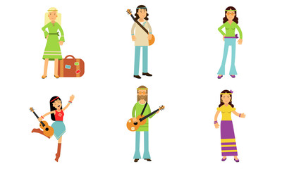 Hippie Culture In Sixties Isolated On White Background Vector Illustration Set