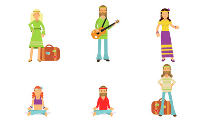 Hippie Culture In Sixties And Seventies Vector Illustration Set Isolated On White Background