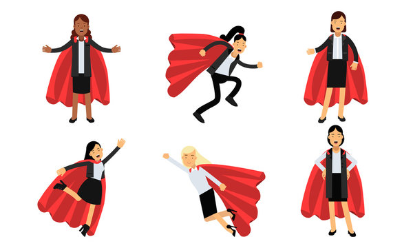 Vector Illustration Set Of Business Women In Superheroe Costumes Power Concept