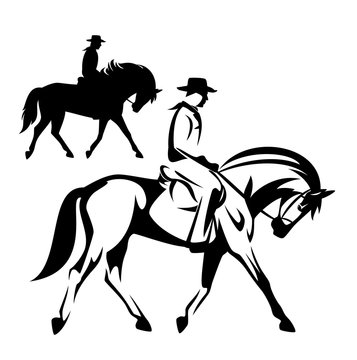 cowboy riding a horse - wild west ranger black and white vector outline and silhouette design set