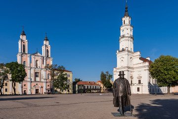 Kaunas - Jesuit church of St. Francis Xavier and the White Swan Town Hall in the center of Kaunas in Lithuania