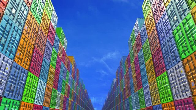 Rows of cargo shipping containers under clear sky. Industrial containers are excellent for cargo import export shipment. Camera moves thru cargo boxes of different transportation companies