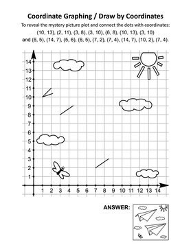 Coordinate graphing, or draw by coordinates, math worksheet with paper aeroplanes: To reveal the mystery picture plot and connect the dots with given coordinates. Answer included.