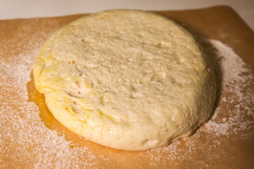 Yeast dough on the table. Baking concept. Cooking ideas. Homemade food. Knead flour and water.