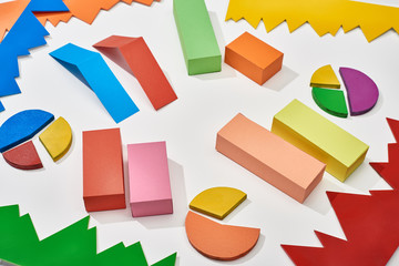multicolor diagrams and pie charts on white background
