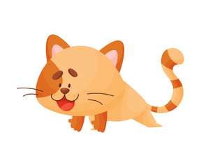 Cartoon happy cat yogi bent and put forward one leg. Vector illustration.