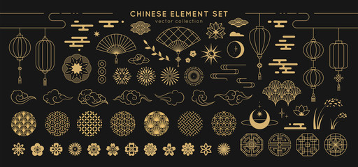 Fototapeta Asian design element set. Vector decorative collection of patterns, lanterns, flowers , clouds, ornaments in chinese and japanese style. obraz