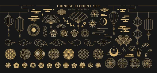 Foto op Plexiglas Asian design element set. Vector decorative collection of patterns, lanterns, flowers , clouds, ornaments in chinese and japanese style. © Valedi 