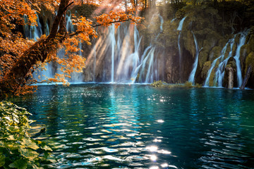 Stunning morning view of pure water waterfall in Plitvice National Park. Picturesque autumn scene of Croatia, Europe. Beauty of nature concept background. Retro filter toned.
