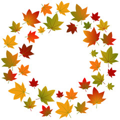 Background with falling autumn leaves. Autumn round frame flat vector template with place for text. Fall season social media banner layout. Leafage and forest illustration.