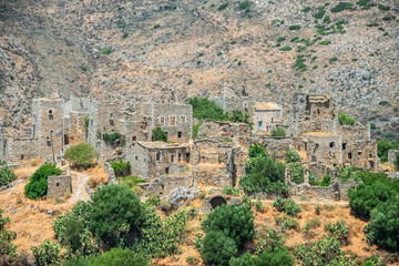 Fototapeta na wymiar Vatheia, a village on the Mani Peninsula, in Greece. A major tourist attraction and an iconic example of the south Maniot vernacular architecture 