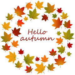 Hello Autumn. Background with falling autumn leaves. Autumn round frame flat vector template with place for text. Fall season social media banner layout. Leafage and forest illustration.