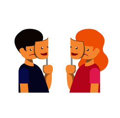 boy and girl covering their faces with masks expressing smiling emotions. Concept of hiding personality or individuality, psychological problem. Flat cartoon colorful vector illustration.