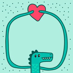 Dinosaur hugs heart hand drawn vector illustration in cartoon comic style for kids banners postcards print