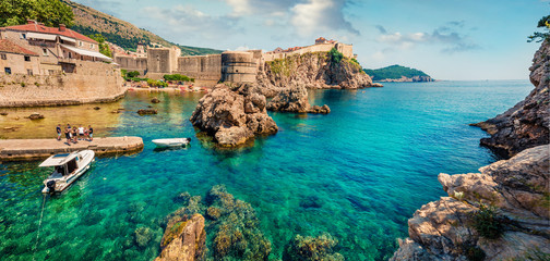 Panoramic morning view of famous Fort Bokar in city of Dubrovnik. Bright summer seascape of...