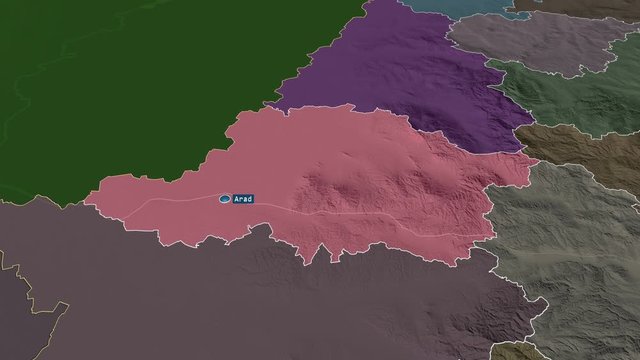 Arad - county of Romania with its capital zoomed on the administrative map of the globe. Animation 3D