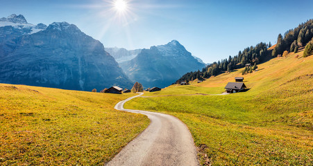 Amazing autumn view of Grindelwald village valley. Sunny morning scene of Bernese Oberland Alps,...