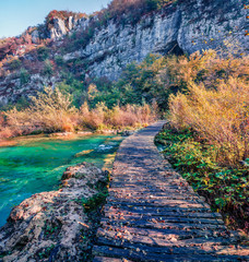 Captivating morning view of pure water river in Plitvice National Park. Spectacular autumn scene of Croatia, Europe. Abandoned places of Plitvice lakes series. Beauty of nature concept background.
