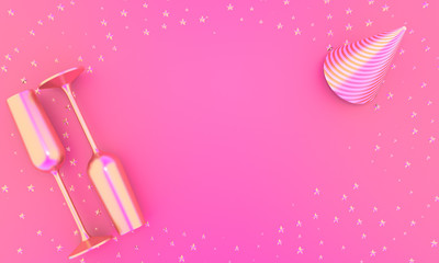 Two glasses of champagne and holiday hat on pink background 3D illustration with copy space