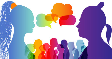 Dialogue group of diverse people. Communication between people. Crowd talking. Silhouette profiles. Rainbow colours. Speech bubble.Dialogue different cultures. Interview