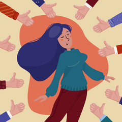 Obraz na płótnie Canvas Happy young pretty woman surrounded by hands showing thumbs up gesture, concept of public approval, success, achievement, and positive feedback, flat cartoon vector illustration