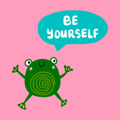 Be yourself hand drawn vector illustration in cartoon comic style happy frog jumping pastel colors banner print poster card