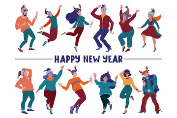 Happy New Year greeting card with text and happy people, men and women, in Christmas hats and horns holding glasses, dancing happily at the party, flat vector illustration isolated on white background