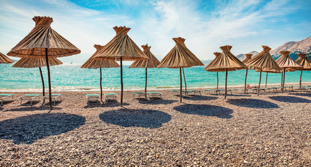 Panoramic morning view of Baska Beach. Bright summer seascape of Adriatic sea, Baska town location, Krk island, Kvarner bay archipelago, Croatia, Europe. Beautiful world of Mediterranean countries.