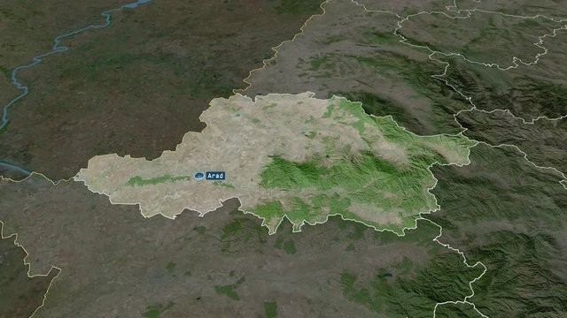 Arad - county of Romania with its capital zoomed on the satellite map of the globe. Animation 3D
