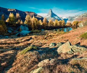 Fantastic morning view of Grindjisee lake with Matterhorn / Cervino peak on background. Wonderful...