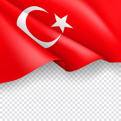 Turkey patriotic web banner with 3d flag. Realistic fluttering turkish flag on transparent background. Turkey national day vector card with empty space. Official holiday celebration. - obrazy, fototapety, plakaty
