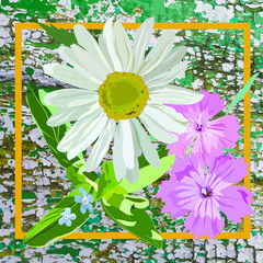 Daisies, forget-me-nots and carnations. Composition of wildflowers on a colorful military background. Green, gray and brown shades. The frame is yellow.