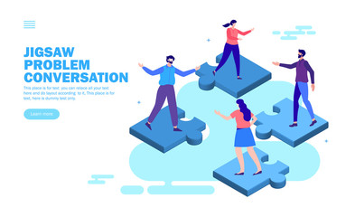 team solving problem with standing on jigsaw puzzle and discussion