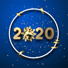 Naklejka premium Blue shiny happy New Year background with golden 3d 2020 nubmers and gift bow.