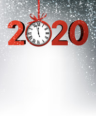 Grey 2020 New Year background with red clock and snow.