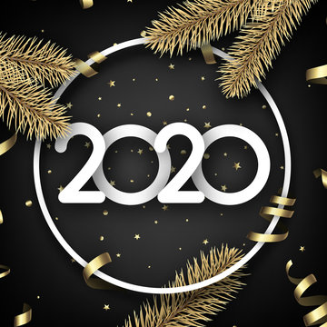 Black shiny happy New Year background with paper 3d 2020 nubmers and gift bow.