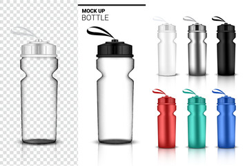 Bottle 3D Mock up Realistic transparent Plastic Shaker in Vector for Water and Drink. Bicycle and Sport Concept Design.